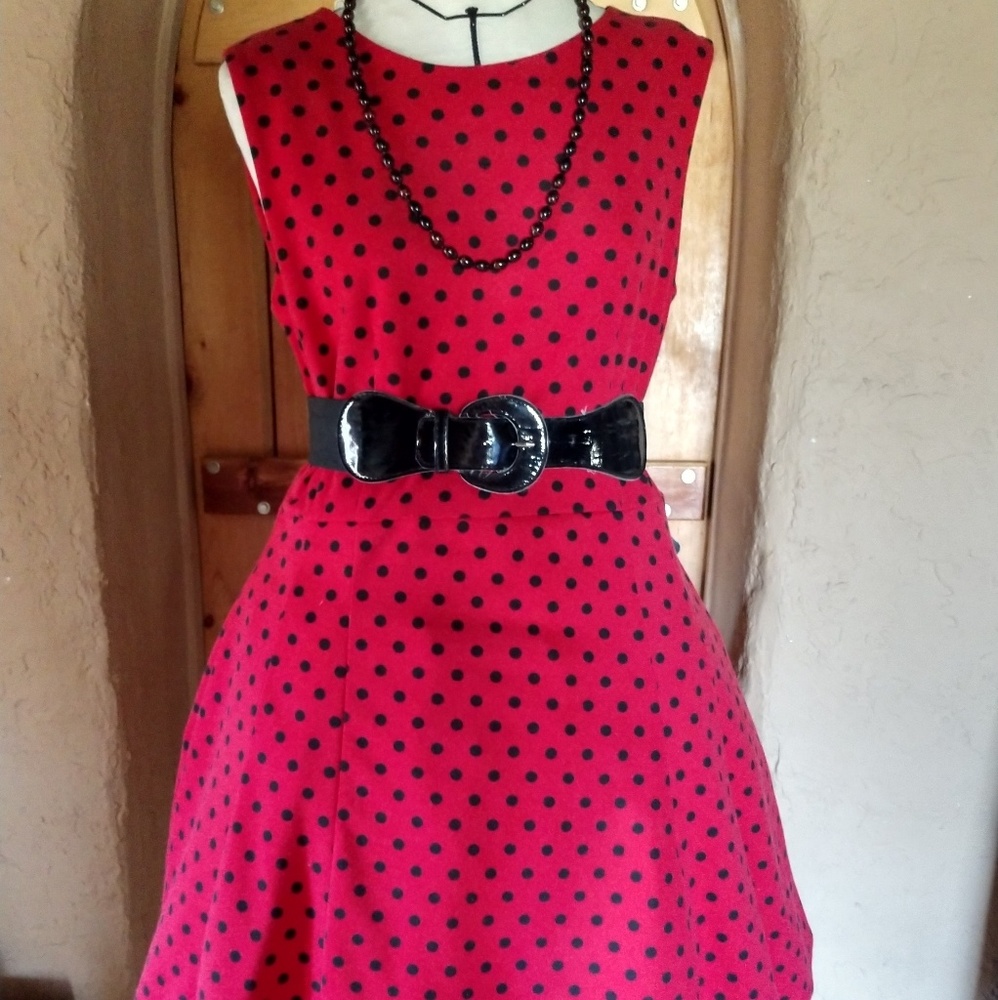 Retro inspired red black polka dot dress